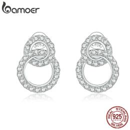 Earrings Bamoer 925 Sterling Silver Shining Zircon Double Circle Stud Earrings for Women Wedding Engagemetn Statement Jewellery BSE388