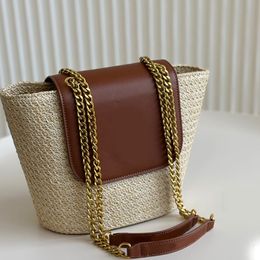 Designer Bag Woven And Genuine Leather Combined Bag Summer Beach Large Capacity Shopping Bag Luxury Lady Gold Chain Bag