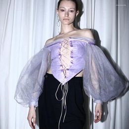 Pretty Lavender Off The Shoulder Lace Up Tulle Tops Sexy Latern Sleeve Illusion Lady Blouse Chic Design Short Summer Top Women