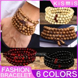 Strands 108 Beads 8mm Natural Sandalwood Buddhist Buddha Wood Prayer Beaded Knot Stonego black ebony Unisex Men Bracelets