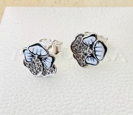 Authentic 925 sterling silver blue pansy flower earrings enamel suitable for earrings earrings Jewellery 290781C01 fashion gift women's earrings