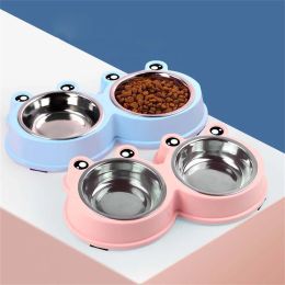 Feeding Cute Frog Double Bowl Cat Puppy Feeding Supplies Stainless Steel Pet Drinking and Feeding Dish Small Dog Food Water Feeder