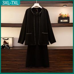 Work Dresses 2024 Autumn Winter Women Plus Size Large Loose Black Knit Vest Dress And Cardigan Two Piece Set 3XL 4XL 5XL 6XL 7XL