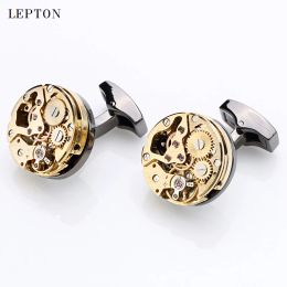 Links Newest Gold Color Watch Movement Cufflinks of immovable Hot Stainless Steel Steampunk Gear Watch Mechanism Cuff links for Mens