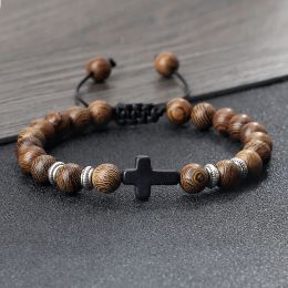 Strands Handmade Natural Stone Wooden Beaded Bracelet Christian Jesus Cross Braided Bracelets Men Women Prayer Yoga Jewelry Couple Gift