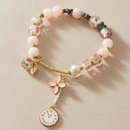 Strands Bohemian Pink Crystal Stone Bracelets For Women Flower Glass Beads Bracelet Clock Pendant Bangle Wristband Jewellery Girls Gifts