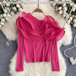 Women's Blouses Ladies Summer Full Of Stars Diamond Mesh T-shirt Shirt Skew Collar Ruffles Long Sleeves Pullover White Tops