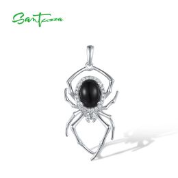 Pendants SANTUZZA Genuine 925 Sterling Silver Pendant For Women Black Agate White Cubic Zirconia Lovely Spider Trendy Cute Fine Jewellery