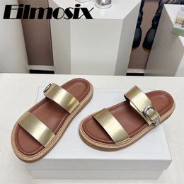 Slippers 2024 Summer Retro Belt Buckle Roman Women Holiday Beach Peep Toe One Strap Thick Sole Casual Slides