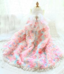 Dresses Highend Handmade Dog Clothes Pet Supplies Wedding Dress Trailing One Piece Romantic Pink Rose Trimmings Ribbon Bow Party Gown