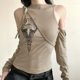 Women's T Shirts Sexy Fashion Shoulder-Baring Design Retro Print T-shirt 2024 Street Style Slim Fit Looking Tied Long Sleeves Top For Women