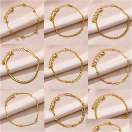 Anklets For Women 14K Yellow Gold Golden Color Chain Anklet Female Summer Beach Accessories Foot Leg Bracelets Fashion Jewelry Drop D Dh0Yt