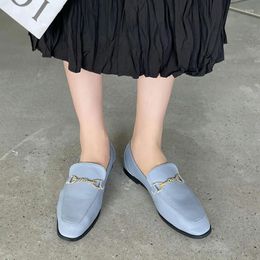 Casual Shoes Spring Women Slip On Loafer Flat Chain Autumn Fashion British Metal Buckle Round Toe Green Ballerina