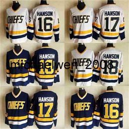 Kob Weng Slap Shot Movie Charlestown 18 Jeff Hanson 17 Steve Hanson 16 Jack Hanson Hockey Jersey White Blue Stitched Jerseys Fast Shipping