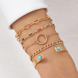 Charm Bracelets 5pcs/set Trendy Hollow Circle Open Bangles Set For Women Gold Colour Colourful Crystal Chain Adjustable Jewellery