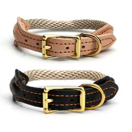 Collars Real Leather Dog Collar Hemp rope pet Collars Copper buckle Dog Neck Collar for small Medium Large big Dogs adjustable