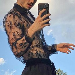 Men's Casual Shirts See-through Lace Top Fashion Slim Long Sleeve Sexy Shirt Mens Hollow Mesh Tops Floral Clubwear Party Dress Tee Blouse