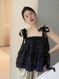 Women's Blouses Clothland Women Elegant Black Dot Camis Bow Tie Straps Ruffles Square Collar Shirt Blouse Summer Chic Tops Blusa WA227