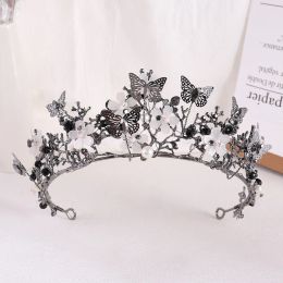 Jewelry Black Bridal Crown Baroque Pearl Rhinestone Crowns Tiara Butterfly Hairband Wedding Hair Accessories Princess Crown Bride Tiaras