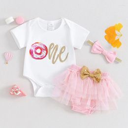 Clothing Sets Baby Girl First Birthday Outfit Short Sleeve Donut Print Romper Elastic Waist Mesh Hem Shorts 3D Bow Headband 3 Piece Set