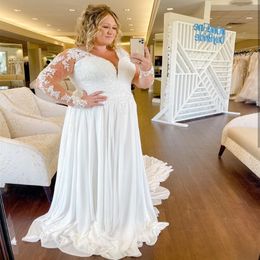 Plus-Size-Hochzeitskleid elegante Chiffon Royal Train Long Sleeve Spitzen Applikationen V-Ausschnitt Brautkleider Einfacher großer Größe für Frauen226d