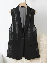 Women's Vests Mesh Suit Waistcoat Summer Thin Elegant Slim Black Jacket Fashion Slit Lapel Casual Retro Simple Chic