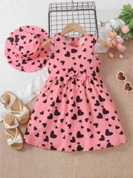 EVRYDAY Toddler Girls Love Heart Print Sleeveless Dress With Bowknot Decoration Matching Hat For Party Summer y240416