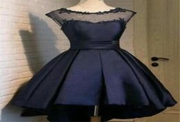 Dark Navy Satin High Low Sheer Prom Dresses Real Images Sexy Draped Lace Applique Corset Short Homecoming Dress4210097