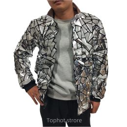 Men Silver Mirror Jacket Coat Sequins Bling Elastic Nightclub Bar Stage Performance Clothes Fashion Carnival Costumes