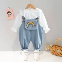 Sets Infant suits spring and autumn girls denim clouds rainbow overalls suits girls ruffles longsleeved pullovers jeans suits