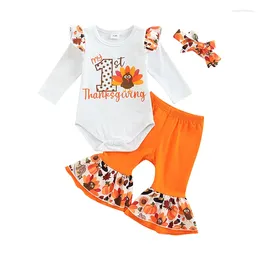 Clothing Sets Thanksgiving Day Baby Girl Pants Suit Long Sleeve Round Neck Romper Shirt Bell-Bottoms Trousers Headband