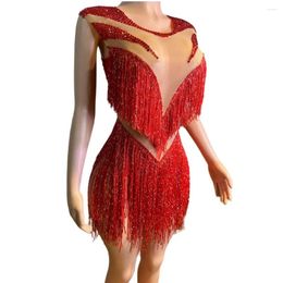 Stage Wear Sexy Latin Pole Dance Fringe Leotard Red Rhinestones Tassel Bodysuit Women Singer Dancer Costume Group Performance