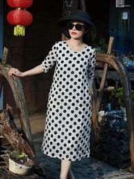 Party Dresses Women Casual Cotton And Linen Short Sleeve Female Dot Empire Waist Knee Length Dress With Pockets