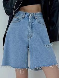 Women's Shorts Blue Ripped Denim 2024 Summer High Waist Streetwear Casual Pocket Short Wide Leg Pants Korean Fashion Women