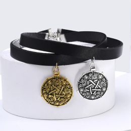 Necklaces Catuni Witcher Round Medallion Leather Choker Necklace Hunt Game Gothic Retro Pendant Jewellery Gift For Man Woman Cosplay