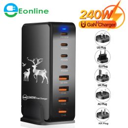 Hubs EONLINE New Style 240W GaN Desktop USBC Charger 4U+4C 6 in 1 Charging Hub With Power Strip For Home, Office, School, Computer