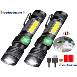 Flashlights Torches 8000Lm Usb Rechargeable Flashlight Super Bright Magnetic Led Torch With Cob Sidelight A Pocket Clip Zoomable For C Dheli