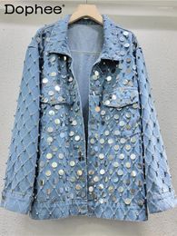 Women's Jackets Exquisite Rhinestone Sequined Denim Coat For Women 2024 Spring And Autumn Diamond Lattice Top Street Style Jacket