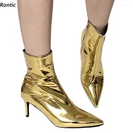 Boots Rontic Handmade Women Winter Ankle Patent Side Zipper Kitten Heeled Pointed Toe Pretty Gold Night Club Shoes US Size 5-15
