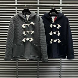 Tb Hooded Coat 2023 Autumn New Loose Back Ribbon Mens and Womens Fabric Ox Horn Button Zipper Knitted Shirt