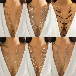 Necklaces Bohemian Gold Colour Adjustable Collar Necklace For Women Vintage Long Tassel Stars Pearl Choker Geometric Jewellery