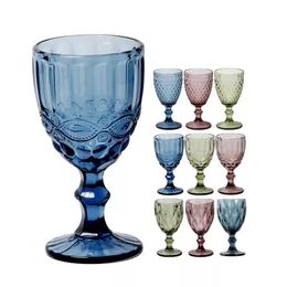 10oz Wine Glasses Colored Glass Goblet with Stem 300ml Vintage Pattern Embossed Romantic Drinkware