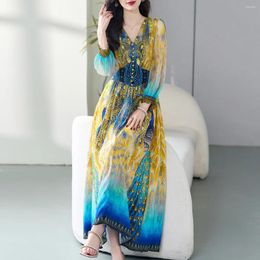 Casual Dresses Peacock Print Long Dress Luxury Real Silk Women Beach Holiday