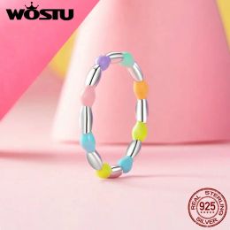 Rings WOSTU Original 925 Sterling Silver Rainbow Beads Ring Finger Ring For Women Girl Colorful Fine Jewelry Party Dating Gift