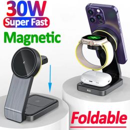 Chargers 30W 3 in 1 Foldable Magnetic Wireless Charger Stand For iPhone 14 13 12 Pro Max Airpods Pro iWatch 8 Wireless Charging Station