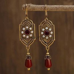 Dangle Chandelier Vintage Women Earrings Gold Color Fashion Square Red Stones Imitation Pearl Party Bridal Jewelry H240423