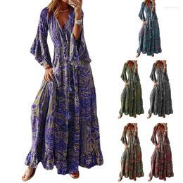 Casual Dresses Fashion Floral Dress Womens Spring Sundress V-neck Long Flare Sleeve Vestidos Dropship