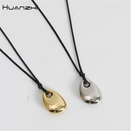 Necklaces HANGZHI Gold Colour Water Drop Necklace Black Leather Rope Sweater Neckchain Fashion Vintage Pendant Jewellery for Women