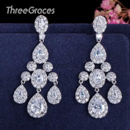 Dangle Chandelier ThreeGraces Luxury Bridal CZ Jewellery Brilliant Cubic Zirconia Crystal Long Dangling Wedding Chandelier Earrings for Brides ER168 d240323