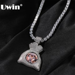 Necklaces UWIN SmallerMoney Bag Memorable Photo Pendant Iced Out Cubic Zircon Medallion Photo Necklaces Fashion Jewellery for Mothers' Day